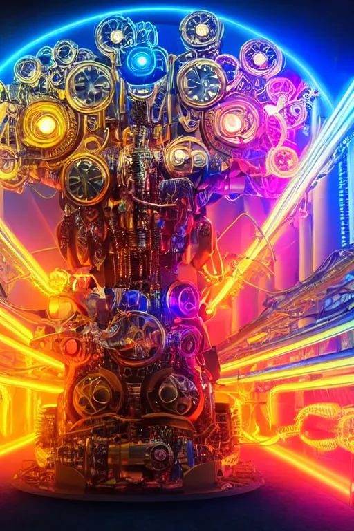 Image similar to portrait photo of a giant huge golden and blue metal futuristic steampunk robot with a red guitar covered with multicolored big gears and tubes, eyes are glowing red lightbulbs, shiny crisp finish, 3 d render, 8 k, insaneley detailed, fluorescent colors, background is multicolored lasershow
