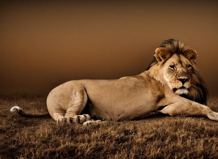 Prompt: a full body shot, detailed photograph of a dreaming lion head, a little bird on the lion, beautiful low light, savana background, volumetric evening lights, photorealism, hasselblade shot, 4 5 mm, by franz lanting