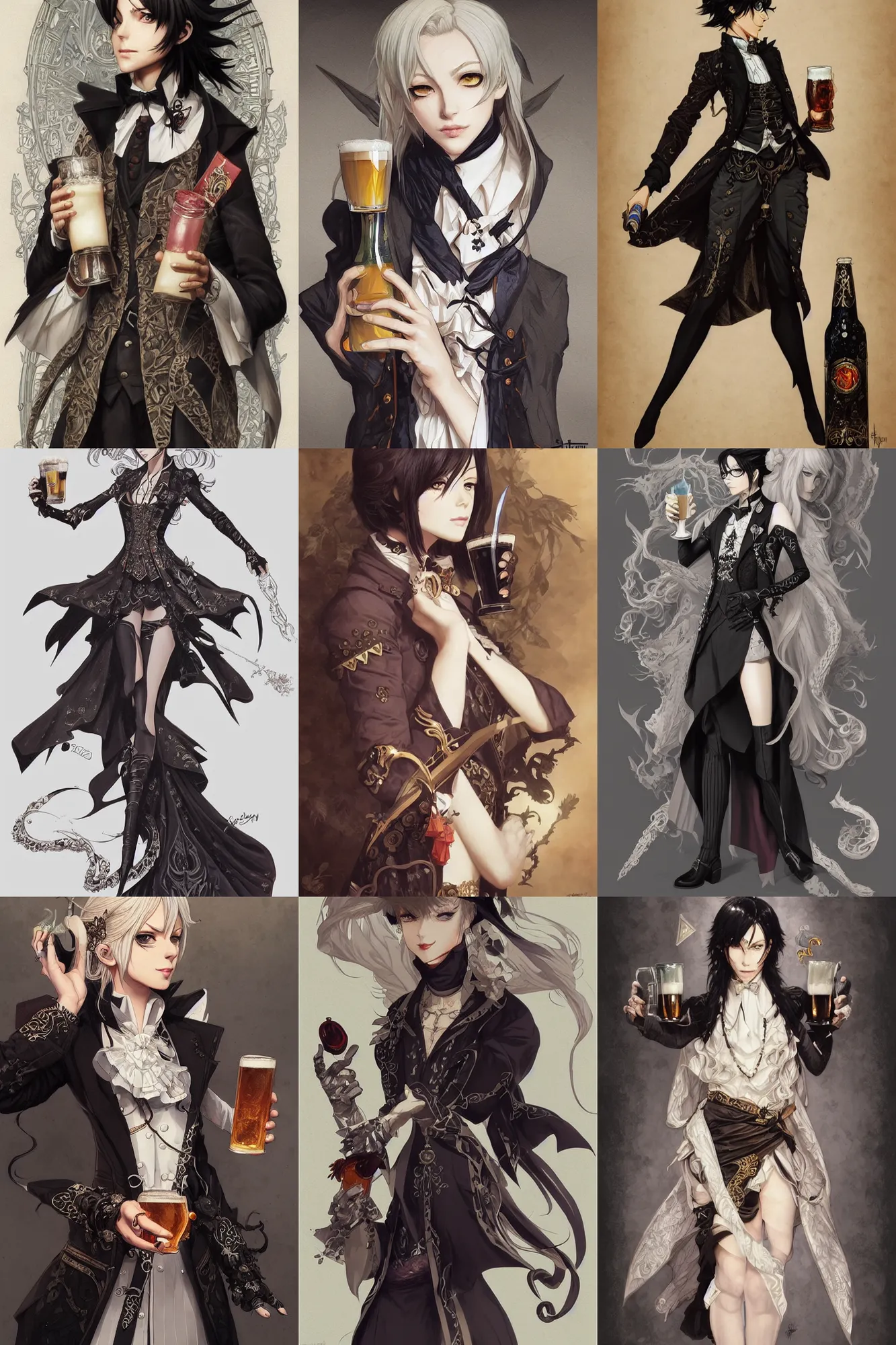 Prompt: fashion and character design spot illustrations from black butler, holding a beer, d & d, fantasy, intricate, elegant, highly detailed, digital painting, artstation, concept art, matte, sharp focus, illustration, hearthstone, art by artgerm and greg rutkowski and alphonse mucha