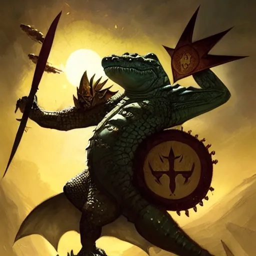 Image similar to a crocodile warrior holds a morning star and a shield, by greg rutkowski, magic the gathering,