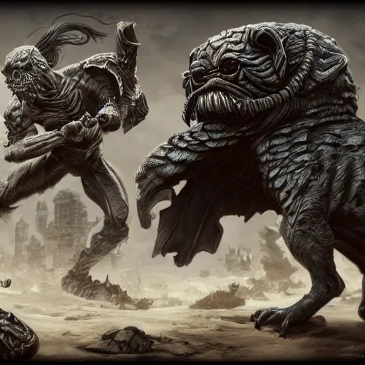 Image similar to pug battle, intricate detail, royo, vallejo, frazetta, giger, whealan, hd, unreal engine,