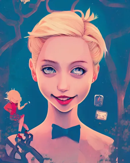 Image similar to digital illustration of pretty girl with short blonde hair hair, from alice in wonderland, smoking, happy eyes, smiling, in a wonderland forest, in junkyard at night, by ilya kuvshinov, lois van baarle, rossdraws, basquiat