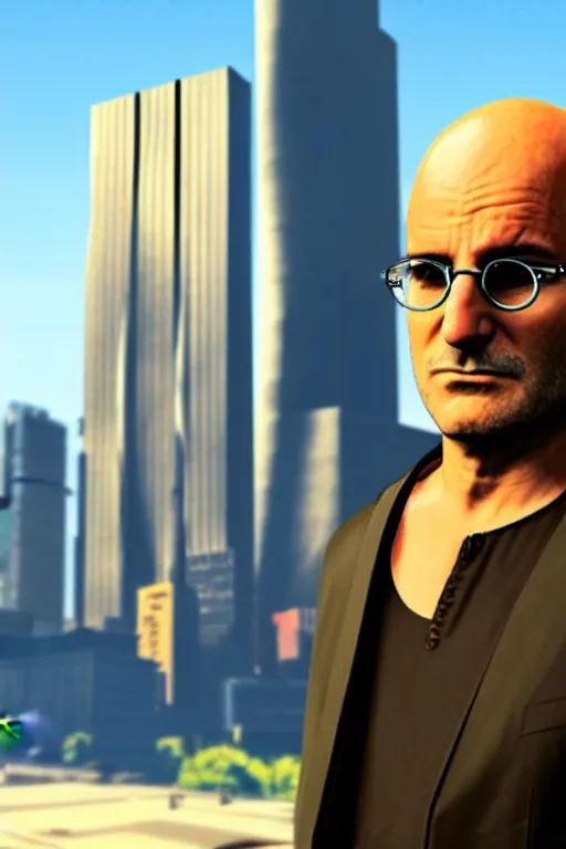 Prompt: Ludovico Einaudi as a GTA V character, skyscrapers in the background, highly detailed,