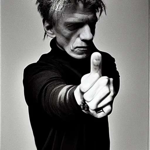 Image similar to a punk giving the cameraman the middle finger, portrait, by annie liebovitz, robert mapplethorpe, nan goldin