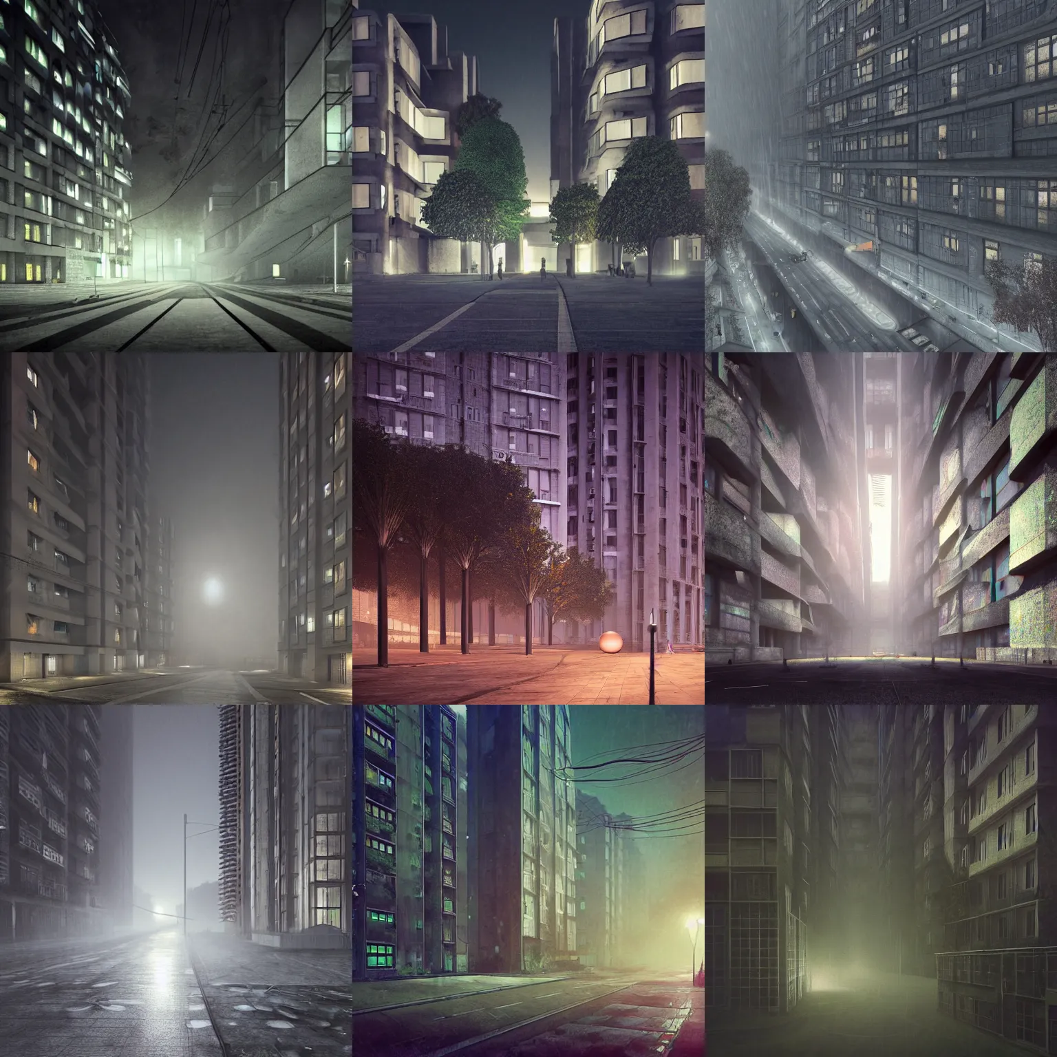 Prompt: A night street, iridescent supernatural ball ghost lights in the back, Soviet town, mass housing, Soviet five-story panel buildings, brutal concrete architecture, lush vegetation, foggy, post-processing, in the style of Hugh Ferriss, Behance, Artgerm. High detail, ultra realistic render, octane, 3D, photorealism, symmetric, cinematic