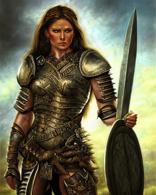 Image similar to a fierce and muscular warrior princess in full armor, fantasy character portrait by howard david johnson