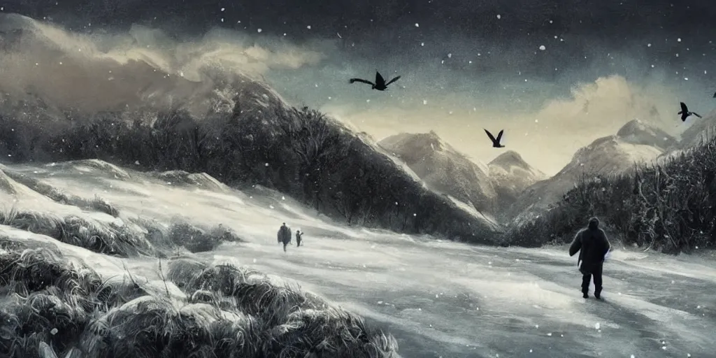 Image similar to A majestic landscape featuring a river, mountains and a forest. A small group of birds is flying in the sky. Harsh winter. very windy. There is a man walking in a deep snow.Camera is positioned behind the man. Cinematic, very beautiful, painting in the style of Lord of the rings