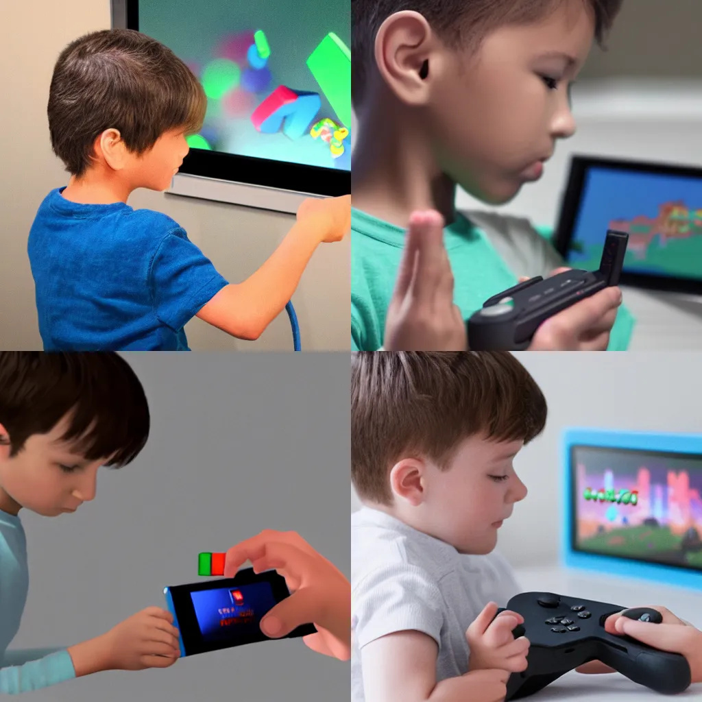 Prompt: Child putting Nintendo Switch in blender