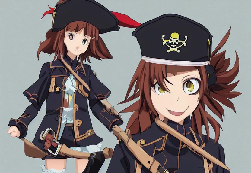 Image similar to wide angle perspective of a female pirate, centered, single subject, a thrifty uniform, somewhat of an anime in pixar style, trending artwork, made with anime painter studio, by pixar and an anime artist, collaboration