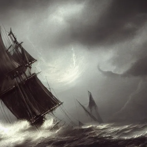 Image similar to ghost pirate sailing a bone ship in a deadly storm, gothic, 4k wallpaper