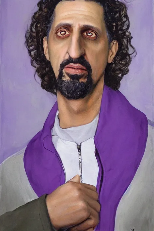 Image similar to Isaak Brodsky portrait painting of John Turturro as the Jesus from The big Lebowski, wearing purple felt bowling suit, realism