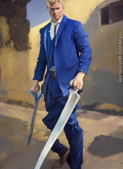 Image similar to greg manchess side portrait of a blond man in a blue suit with a big sword, asymmetrical, profile picture, organic painting, sunny day, matte painting, bold shapes, hard edges, street art, trending on artstation, by huang guangjian, gil elvgren, ruan jia, randy vargas, greg rutkowski