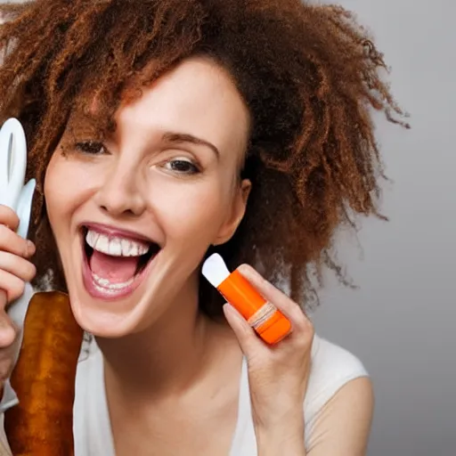 Prompt: woman with carrots instead of teeth, toothbrush advertisement