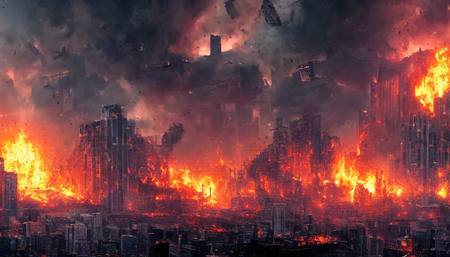 Image similar to movie poster of chicago destroyed by giant robots, fire, smoke columns, debris, ashes, collapsing, hyperdetailed, artstation, cgsociety, 8 k