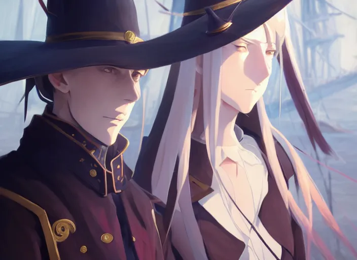 Image similar to portrait of lady maria, helm of second world war warship in background, illustration concept art anime key visual trending pixiv fanbox by wlop and greg rutkowski and makoto shinkai and studio ghibli and kyoto animation, symmetrical facial features, astral witch clothes, ww 2, golden details, gapmoe yandere grimdark, volumetric lighting, backlit