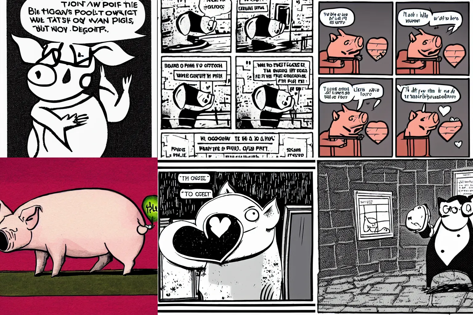 Prompt: Pig with a broken heart, comic panel