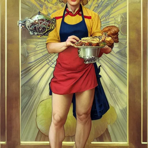 Image similar to epic portrait an muscular waitress wearing short sleeved uniform and carrying food, goddess, detailed, centered, digital painting, artstation, concept art, donato giancola, Dante Gabriel Rossetti, alphonse mucha, Joseph Christian Leyendecker, WLOP, Boris Vallejo, Annie Leibovitz and Steve McCurry, David Lazar, Jimmy Nelsson, Breathtaking, 8k resolution, extremely detailed, beautiful, establishing shot, artistic, hyperrealistic, beautiful face, octane render