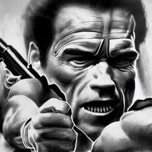 Image similar to arnold schwarzenegger in commando, punching a camel, looks photorealistic, hyper-detailed portrait