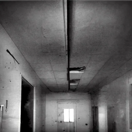 Prompt: scary old lady without eyes an abandoned school, security camera, black and white, real