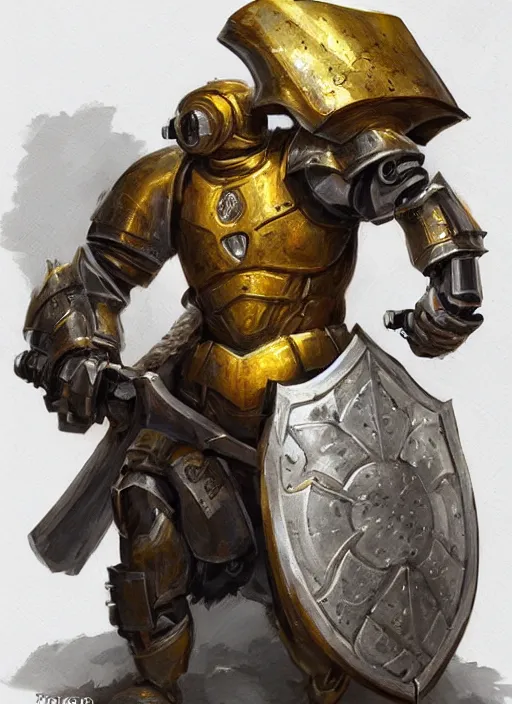 Image similar to dynamic portrait of a big eye warforged character in yellow armor holding a paladin engraved longsword and carrying a big shield, epic , trending on ArtStation, cinematic lighting, by Jesper Ejsing