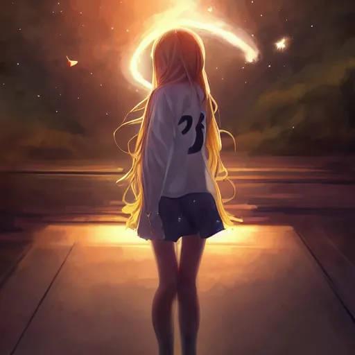 Image similar to anime, full body, bunny girl, a cute female reach out to camera, shooting star in background, long wavy hair, light and shadow effects, highly detailed, digital painting, art station, sharp focus, high quality, frontal view, illustration, concept art, wlop