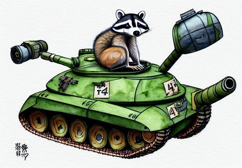 Image similar to cute and funny, racoon wearing army helmet riding in a tiny t 1 4 tank with large cannon, ratfink style by ed roth, centered award winning watercolor pen illustration, isometric illustration by chihiro iwasaki, edited by range murata