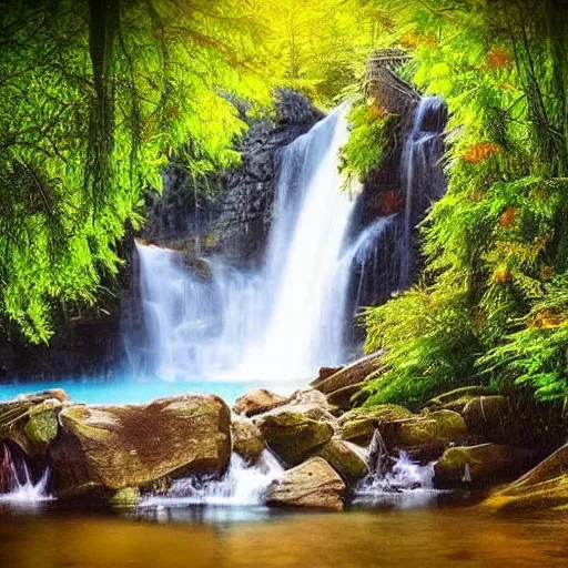 Prompt: Labrador under a fairytale waterfall, peaceful fairytale zen magical colorful scene