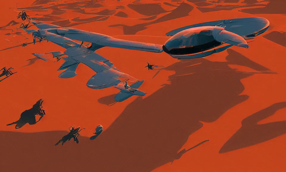 Image similar to digital art, birds eye view, berber witch flying over the desert at night, by syd mead, syd mead color scheme, sci - fi, arik roper, kirby krackle, concept art