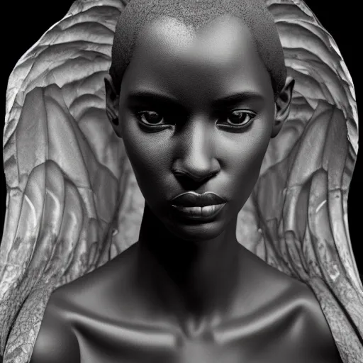 Image similar to hyper realistic of a stunning intricate cracked black marble falling african american woman angel body sculpture, highly detailed, white background, trending on artstation, hyperrealism, matte painting, subsurface scattering