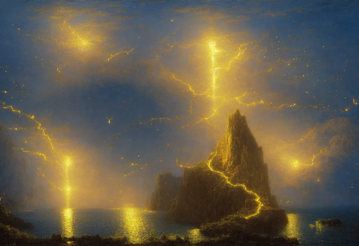 Image similar to a beautiful ultradetailed painting of a single gilded cathedral at the edge of a cliff next to a deep blue sea illuminated by orange fireflies, albert bierstadt, makoto shinkai, 8 k, light effects, trending on artstation