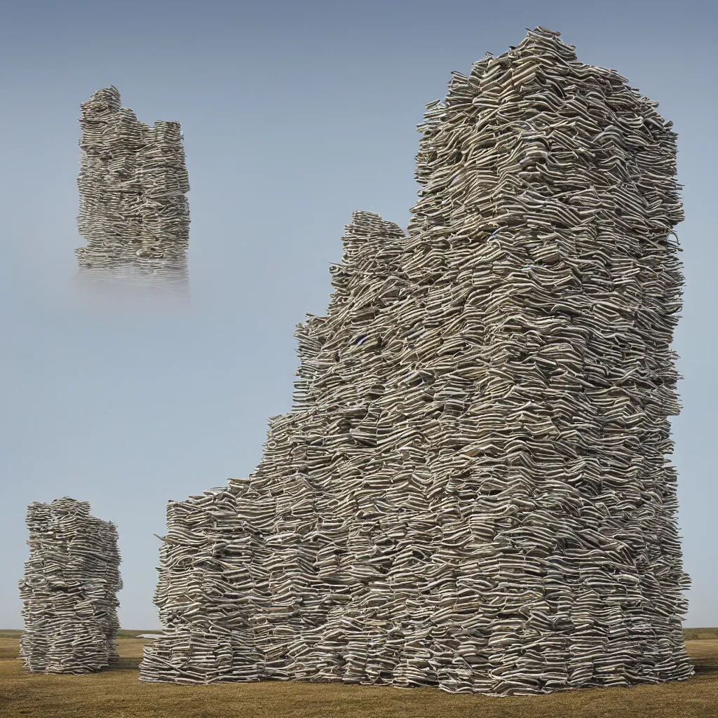 Image similar to intertwined high towers made up of stacked makeshift shelters, uniform plain sky, mamiya, very sharp, very detailed, pastel colours, photographed by cristina de middel