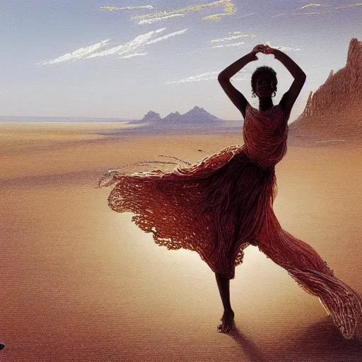 Prompt: artstation concept of a beautiful girl dancing in the desert, brown skin, sweaty skin, symmetrical face, casual white garment, white desert background, shiny colorful, hyperdetailed, artstation trending, world renowned artists, worth1000.com, historic artworks society, antique renewal, cgsociety, by greg rutkowski, by Gustave Doré, Deviantart