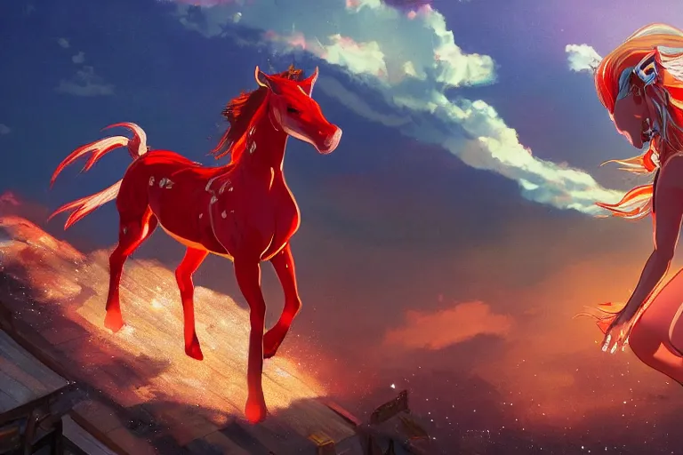 Image similar to beyonce dressed as a riding a red horse is attacking an powerful goddess on a harlem rooftop, highly detailed, 4k resolution, lighting, anime scenery by Makoto shinkai