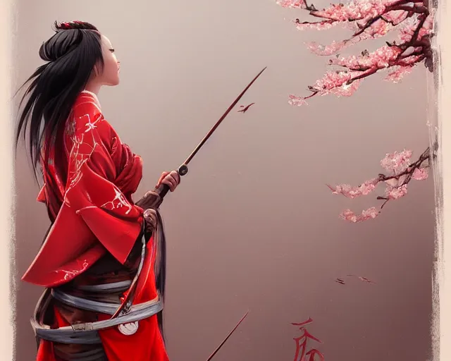 Prompt: A highly detailed female ronin warrior in a red kimono by Peter Mohrbacher, a cherry blossom dojo background by Kelly Mckernan, trending on artstation, HD,