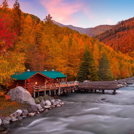 Prompt: DSLR still of a beautiful mountainside river with a pier and a log cabin at sunrise in fall, 4k