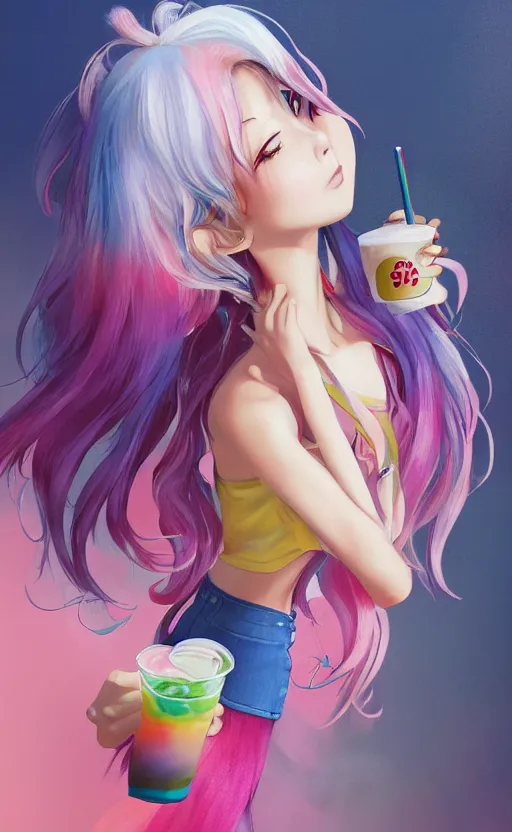 Image similar to a kawaii woman with rainbow hair, happy, summer time, holding boba tea drink, soft eyes and narrow chin, dainty figure, long hair straight down, kawaii shirt and jeans, basic white background, In style of by Jordan Grimmer and greg rutkowski, crisp lines and color