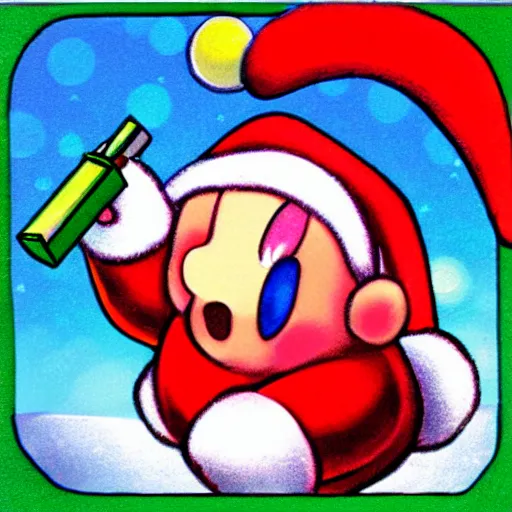 Prompt: kirby chasing santa with a gun