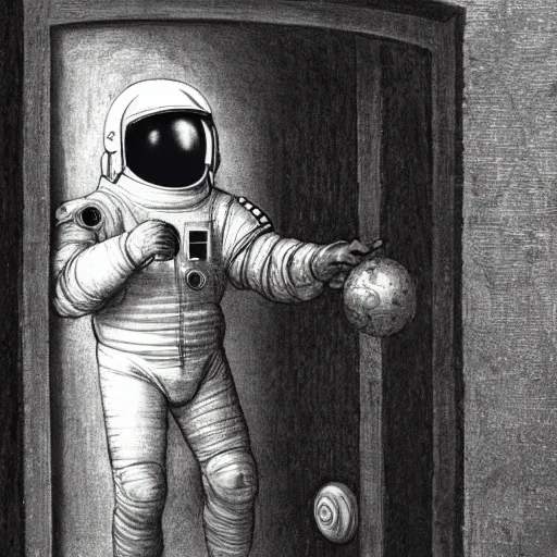 Prompt: photo - realism, space astronaut opening door that shows space and time created by leonardo davinci with extra detail, epic.