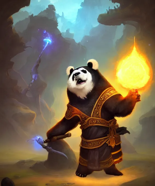 Prompt: a portrait an anthropomorphic panda mage casting a spell, wearing mage robes, landscape in background, cute, dnd character art portrait, by world of warcraft and peter mohrbacher, cinematic lighting