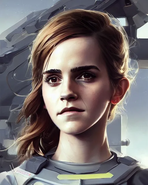 Image similar to hyper realistic painting of emma watson in an eva plugsuit, hyper detailed face, anime, concept art, 4 k, by greg rutkowski, trending on artstation