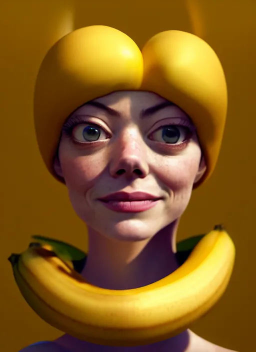 Image similar to anthropomorphic portrait of emma stone as a banana, au naturel, hyper detailed, digital art, trending in artstation, cinematic lighting, studio quality, smooth render, unreal engine 5 rendered, octane rendered, art style by klimt and nixeu and ian sprigger and wlop and krenz cushart and pixar and riot and adventuretime