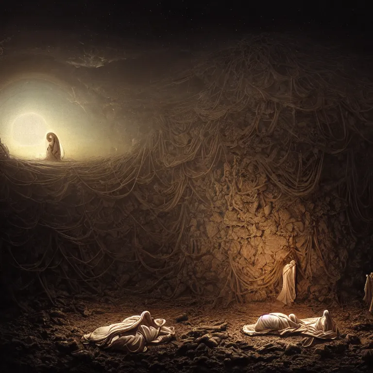 Prompt: ribbed abandoned closeup Nativity of Jesus scene on exoplanet, baroque painting, standing in a desolate empty wasteland, creepy, nightmare, dream-like heavy atmosphere, surreal abandoned buildings, beautiful detailed intricate insanely detailed octane render trending on Artstation, 8K artistic photography, photorealistic, chiaroscuro, Raphael, Caravaggio, Beksinski, Giger