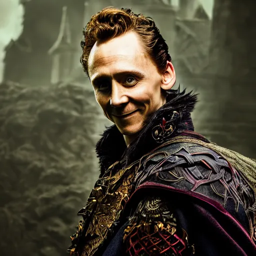 Image similar to portrait of a Tom hiddleston as a warlock ,Grim fantasy, D&D, HDR, natural light, shoulder level shot, dynamic pose, award winning photograph, Mucha style 4k,