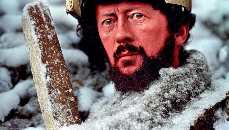 Image similar to 1 9 6 0 s movie still close up of marcus aurelius wearing roman legionnaire clothes frozen to death under the snow by the side of a river with gravel, pine forests, cinestill 8 0 0 t 3 5 mm, high quality, heavy grain, high detail, texture, dramatic light, anamorphic, hyperrealistic, detailed hair, bright sun