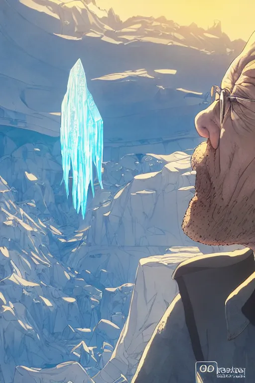 Image similar to walter white enjoying the look of a majestic crystal on a mountain, high intricate details, rule of thirds, golden ratio, cinematic light, 8 k, octane render, anime style, graphic novel by fiona staples and dustin nguyen, art by beaststars and orange, peter elson, alan bean, studio ghibli, makoto shinkai