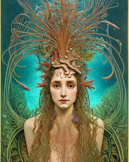 Image similar to realistic detailed underwater portrait of the beutiful young goddess of the fish of the three times with an intricate headdress of corals, sea kelp, sea plants, fish, jellyfish, art by ernst haeckel, zdzisław beksinski, h. r. giger, alphonse mucha, gothic, neo - gothic, ornamental,