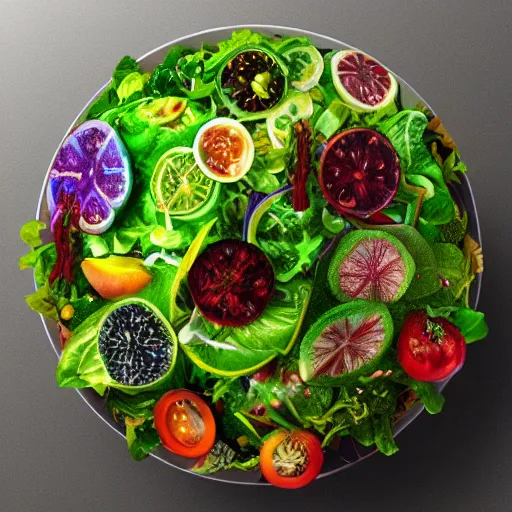 Image similar to Photorealistic magic super salad. Hyperdetailed photorealism, 108 megapixels, amazing depth, glowing rich colors, powerful imagery, psychedelic Overtones, 3D finalrender, 3d shading, cinematic lighting, artstation concept art