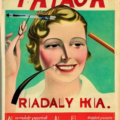 Prompt: a 1 9 2 8 cover of a quality magazine. happy, healthy, beautiful, smiling, young, sporty, glowing woman in decent athletic holding a glowing radium rod. hyper - realistic detailed color drawing