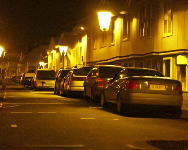 Image similar to suburban english street at night, 2003, yellow street lights, cars parked, amateur, flickr