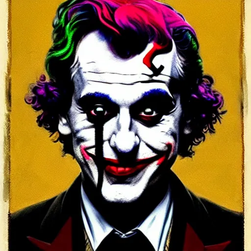 Image similar to ilya yefimovich repin and mimmo rottela and banksy as joaquin phoenix skinny joker, holding lady gaga harley queen hand, ultra photorealistic, intricate details, pop art style, concept art, confident posse, justify content center, 2 colours, warm color, 4 k, ultra smooth, sharp focus, perfect models